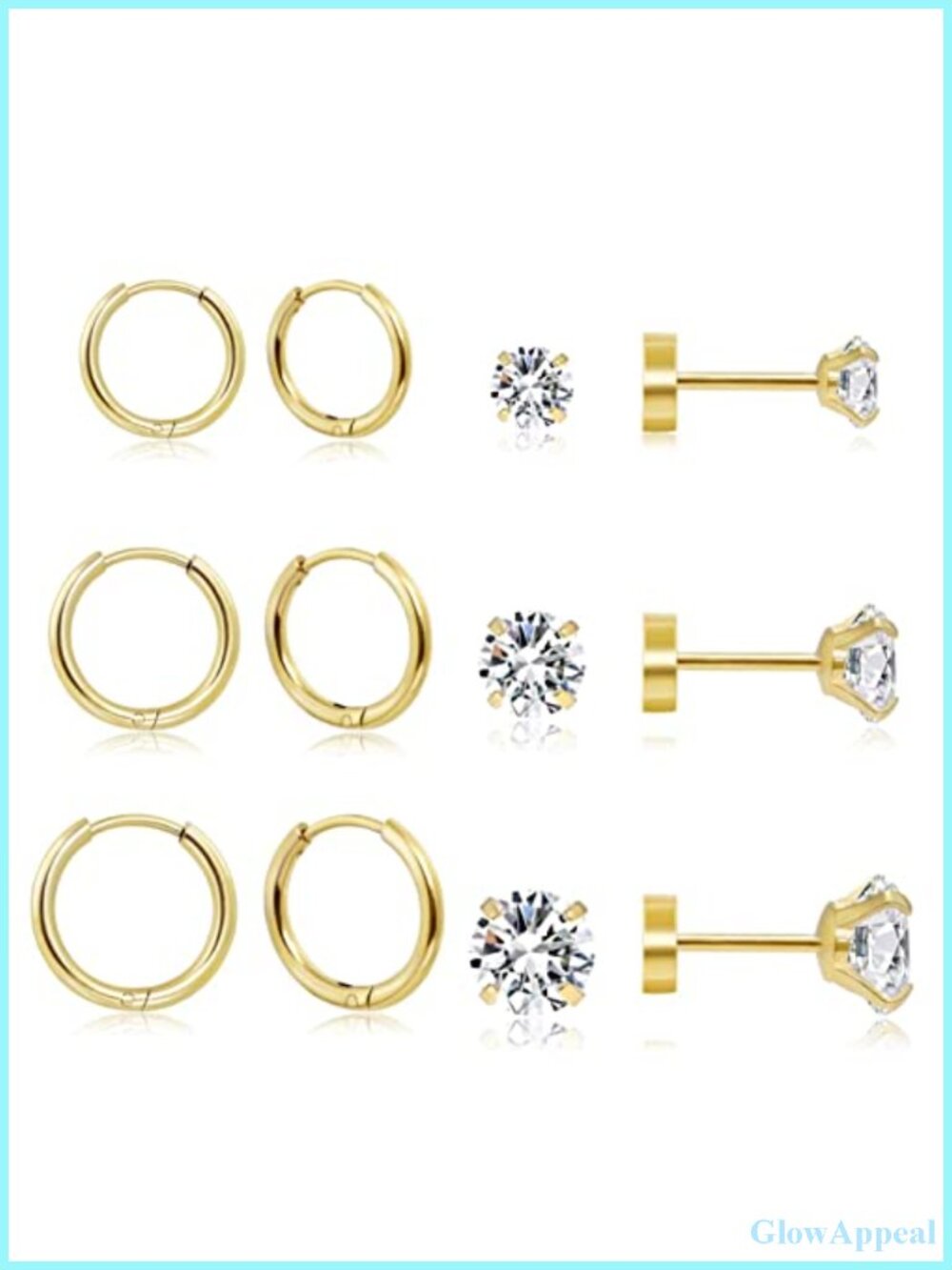 6 Pairs 14K Gold Plated Earrings Set, Hypoallergenic Surgical Steel Studs &